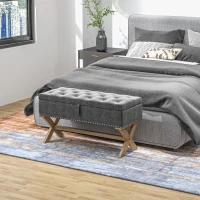 HOMCOM Upholstered Bedroom Bench, End of Bed Bench, Ottoman with Wood Legs, 35.75"W x 16.25"D x 19.75"H, Gray(m-10)