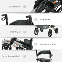 HOMCOM Aluminum Rollator Walker for Seniors and Adults with 10'' Wheels FSA HSA Eligible, Seat and Backrest, Folding Rolling Walker with Adjustable Handle and Storage Bag, Support up to 300lbs, Gray(m-6)