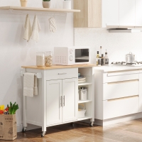 HOMCOM Wooden Rolling Kitchen Island on 360° Swivel Wheels Dining Cart with Drawer, Towel Rack for Kitchen, White