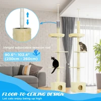 PawHut Floor to Ceiling Cat Tree with Scratching Post for Indoor Cats, Adjustable Height Cat Tower (91-102 Inches) with House, Bed, Beige(m-5)