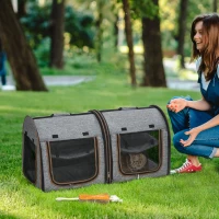 PawHut 39" Portable Soft-Sided Cat Carrier, Cat Kennel, Travel Dog Crate with Divider, Two Compartments, Soft Cushions & Storage Bag, Easy to Fold, Light Gray(m-10)
