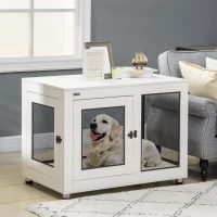PawHut 37" Dog Crate Furniture with Cushion, Double Doors for Large Dogs, White(m-10)