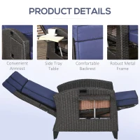 Outsunny Outdoor Recliner Chair with Adjustable Backrest, Cushion, Side Tray, Blue(m-6)