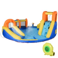 Outsunny 6-in-1 Inflatable Water Slide Kids Bounce House Jumping Castle Includes Slide Basket Pool Water Gun Climbing Wall Tunnel with Carry Bag, Repair Patches and 750W Air Blower(m-11)