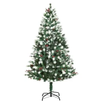 HOMCOM 5' Tall Unlit Snow-Flocked Fir Artificial Christmas Tree with Realistic Branches, Red Berries and 554 Tips, Green / White(m-11)