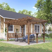 Outsunny 14' x 10' Outdoor Pergola, Wooden Grill Gazebo with Bar Counters and Benches for Seating, Garden, Patio, Backyard, Deck Use(m-10)
