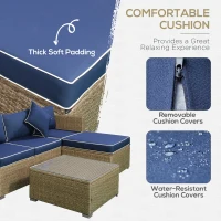 Outsunny 6 Piece Patio Furniture Set Outdoor Wicker Conversation Set All Weather PE Rattan Sectional Sofa Set with Ottoman, Cushions and Tempered Glass Table, Mixed Yellow and Navy Blue(m-5)