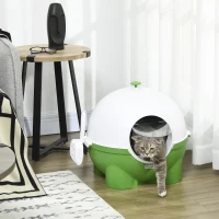 PawHut Hooded Cat Litter Box with Lid, Scoop, Leaking Sand Pedal, Top Handle, Dark Green(m-7)