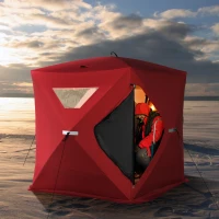Outsunny 2-4 People Ice Fishing Shelter, Pop-Up Portable Ice Fishing Tent with Carry Bag, Two Doors, Windows and Vents, Ice Shanty for Winter Fishing, Red(m-10)
