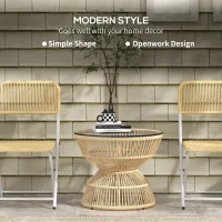Outsunny Rattan Outdoor Coffee Table, Patio End Table with Tempered Glass Tabletop & Steel Frame, Wicker Furniture, Nature Wood(m-4)