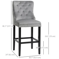 HOMCOM Upholstered Fabric Bar Stool Set of 2, Button Tufted 29.5" Seat Height Pub Chairs with Back & Wood Legs, Grey(m-3)