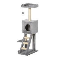 PawHut 47" Tall Cat Tree Tower with Condo, Ladder, Scratching Posts and Hanging Ball, Light Grey(m-2)