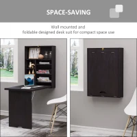 HOMCOM Wall Mounted Fold Out Convertible Desk, Multi-Function Floating Desk with Storage Shelf for Home Office, Espresso Brown(m-4)