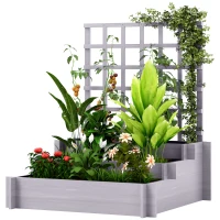 Outsunny Wooden Elevated Planter Box with Trellis for Climbing Plants, 3 Tier Raised Garden Bed for Garden, Outdoor, Grey(m-2)