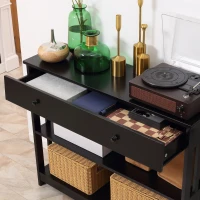 HOMCOM Console Hallway Table with Extra Wide Pull Out Drawer, 2 Open Shelves and Slatted Wood Frame Design, Black(m-9)