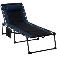Outsunny Folding Chaise Lounge w/ 5-level Reclining Back, Outdoor Tanning Chair Lounge Chair w/ Padded Seat, Side Pocket, Headrest, Carry Strap, for Beach, Yard, Patio, Blue(m-11)