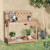 Outsunny Outdoor Garden Potting Bench, Wooden Workstation Table w/ Drawer, Hooks, Open Shelf, Lower Storage and Lattice Back for Patio, Backyard and Porch(m-2)