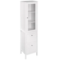 kleankin Tall Bathroom Cabinet with Tempered Glass Door, Storage Organizer, Freestanding Linen Tower with 2 Adjustable Shelves and 2 Drawers, White(m-11)