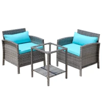 Outsunny 3 Piece Patio Furniture Set w/ Cushions, PE Rattan Outdoor Table And Chairs, 2-Tier Glass Top Coffee Table, Green(m-11)