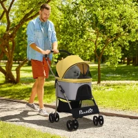 PawHut 4 Wheels Pet Stroller, 3 in 1 Dog Cat Travel Folding Carrier, for Small Dogs, Detachable, w/ Brake, Canopy, Basket, Storage Bag - Yellow(m-1)