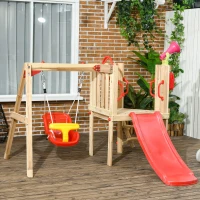 Outsunny 4-in-1 Wooden Swing Set with Swing, Slide, Horn, Steering Wheel, Red(m-10)