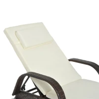 Outsunny Wicker Chaise Lounge, Outdoor Lounge Chair, PE Rattan Patio Sun lounger with Head-rest, 5-Level Height Adjust Backrest, Cushion & Wheels, Mixed Brown and Cream White(m-9)