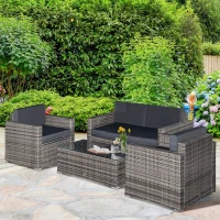 Outsunny 4 Piece Wicker Patio Furniture Set with Cushions, Outdoor Sectional Furniture with 2 Sofa, Loveseat, and Glass Top Coffee Table, Conversation Sofa Sets for Garden, Black(m-10)