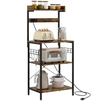 HOMCOM Kitchen Baker's Rack with Power Outlet, Coffee Bar Station with Adjustable Shelves and Hooks, Rustic Brown(m-11)