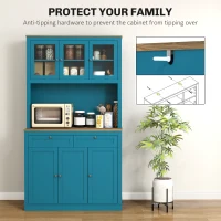 HOMCOM 71" Pantry Cabinet with Microwave Space, Buffet with Hutch, 2 Drawers, Adjustable Shelves and Glass Doors, Navy Blue(m-6)