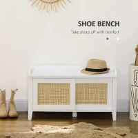 HOMCOM Entry Way Bench Shoe Storage Bench with Shoe Cabinets 2 Rattan Sliding Doors and Pine Wood Legs for Hallway White(m-6)