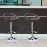 HOMCOM Set of 2 Pub Bar Stools Rattan Wicker Chair Chrome Finish Adjustable Swivel Seat, Deep Brown(m-8)