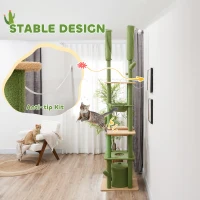 PawHut 89"-100" Floor to Ceiling Cat Tree, Cat Climbing Tower with Grooming Brush Post, Cat Condo, Hammock, Green(m-7)