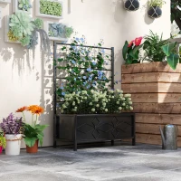 Outsunny Outdoor Planter Box Galvanized Raised Garden Bed with Trellis for Climbing Vines, 35.4" x 15.7" x 47.2", Black(m-10)