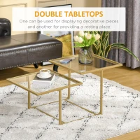 HOMCOM Coffee Table, Tempered Glass Coffee Table with 2 Square Tabletops, Modern Coffee Tables for Living Room, Bedroom, Gold(m-4)