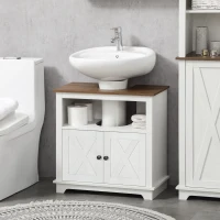 kleankin Farmhouse Bathroom Sink Cabinet, Pedestal Sink Storage Cabinet with Double Doors and Shelves, White(m-9)
