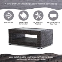 Outsunny 2-Tier Rattan Patio Coffee Table Outdoor Side Table PE Wicker Patio Garden Tea End Desk with Tempered Glass Top & Storage for Balcony, Backyard, Poolside(m-4)