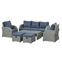 Outsunny Patio Furniture with Cushions, 6 Pieces PE Wicker Patio Sectional Furniture Conversation Set w/ a Three-Seat Sofa, 2 Recliner Chairs, 2 Footstools & Table, Dark Blue(m-11)