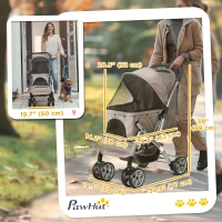 PawHut 4 Wheels Pet Stroller w/ Reversible Handle, Foldable Dog Cat Travel Carriage w/ EVA Wheels Basket Storage Bag 3-stage Canopy Brown(m-3)