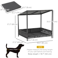 PawHut Wicker Dog House Raised Rattan Dog Cat Bed for Indoor Outdoor Garden Patio Pet Sofa with Cushion Medium Sized Pet Grey(m-3)