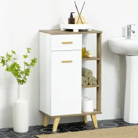 kleankin Bathroom Floor Cabinet, Side Storage Organizer Cabinet with Drawer and Shelves for Bathroom, Entryway and Kitchen, White and Natural(m-10)