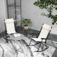 Outsunny 2pc Patio Foldable Rocking Chair Set w/ Breathable Mesh Seat & Backrest, Headrest for Park, Backyard, Garden, Cream(m-1)