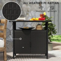 Outsunny Outdoor Pool Towel Storage Cabinet Organizer, Outdoor Bar Table with Shelf and Cabinet, Pool Towel Holder Pool Valet with Weather-Resistant PE Rattan and Steel Frame, Espresso(m-5)