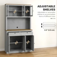 HOMCOM 71" Pantry Cabinet with Microwave Space, Buffet with Hutch, 2 Drawers, Adjustable Shelves and Glass Doors, Grey(m-5)