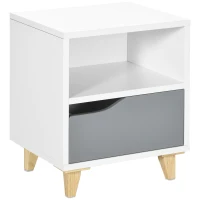 HOMCOM Modern Bedside Table, Side End Table with Shelf, Drawer and Wood Legs, 14.5" x 13" x 17.2", White and Grey(m-11)