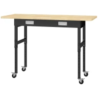 HOMCOM 59" Work Bench with Drawer, Height Adjustable Legs, Bamboo Tabletop Workstation Tool Table on Wheels for Garage, Weight Capacity 1320 Lbs, Black/Natural(m-11)
