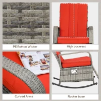 Outsunny Outdoor Wicker Rocking Chair with Cushion, Patio PE Rattan Recliner Chair with Adjustable Footrest, Armrests, Red(m-7)