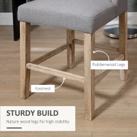 HOMCOM Modern Bar Stools, Tufted Upholstered Barstools, Pub Chairs with Back, Rubber Wood Legs for Kitchen, Dinning Room, Set of 2, Grey(m-5)