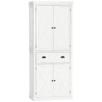 HOMCOM 72" Kitchen Pantry Storage Cabinet, Traditional Freestanding Cupboard with 4 Doors and 2 Adjustable Shelves, Large Central Drawer, X-Frame, White(m-1)