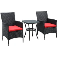 Outsunny 3 Pieces Wicker Patio Furniture Set, Rattan Bistro Set with Glass Top Coffee Table and Cushions, Outdoor Conversation Set for Garden, Porch, Balcony, Red(m-2)