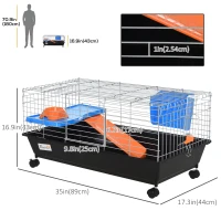 PawHut Small Animal Cage, Rolling Bunny Cage, Guinea Pig Cage with Food Dish, Water Bottle, Hay Feeder, Platform, Ramp, Black(m-3)